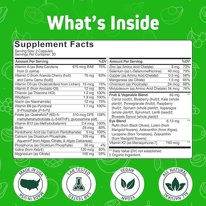 Herbtonics Whole Food Teen Vitamins for Energy Focus &amp Immune Support - Multivitamin for Teenage Boys &amp Girls (12-18) with Real Superfoods - Vegan Plant Based Non-GMO - 60 Easy Swallow Caps