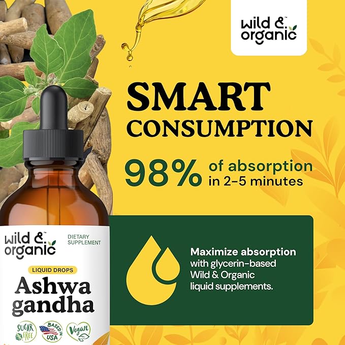 Wild &amp Organic Ashwagandha Drops - Mood Support &amp Positive Energy - 500 mg Ashwagandha for Women &amp Men - Add to Tea Liquid Extract for Relaxation - Non-GMO Sugar &amp Alcohol-Free Tinctu
