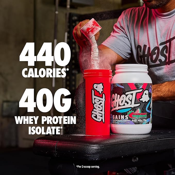 GHOST Clear Gains Mass Gainer Protein Powder - Post-Workout Weight Gainer Mix - 40g of Whey Protein Isolate 440 Calories &amp 70g Vitargo Carbs - Lean Muscle Building &amp Recovery - Strawberry Wat