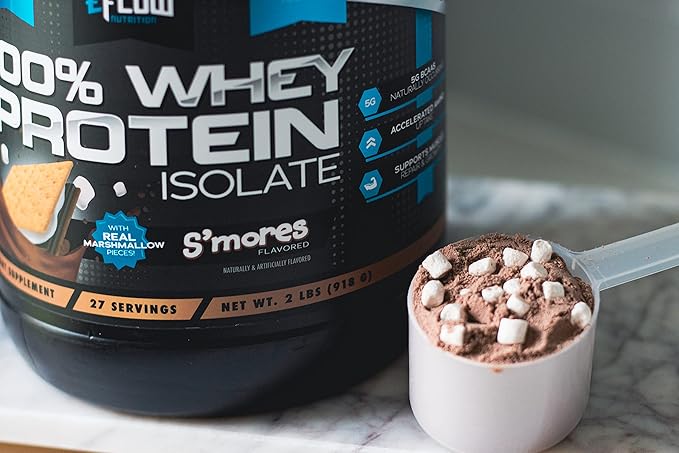 eFlow Nutrition 100% Whey Protein Isolate - Gluten &amp Lactose-Free Digestive Enzymes Added Low Carb Post Workout Shake Fast Digesting for Optimal Muscle Recovery - S'Mores (26 Servings)