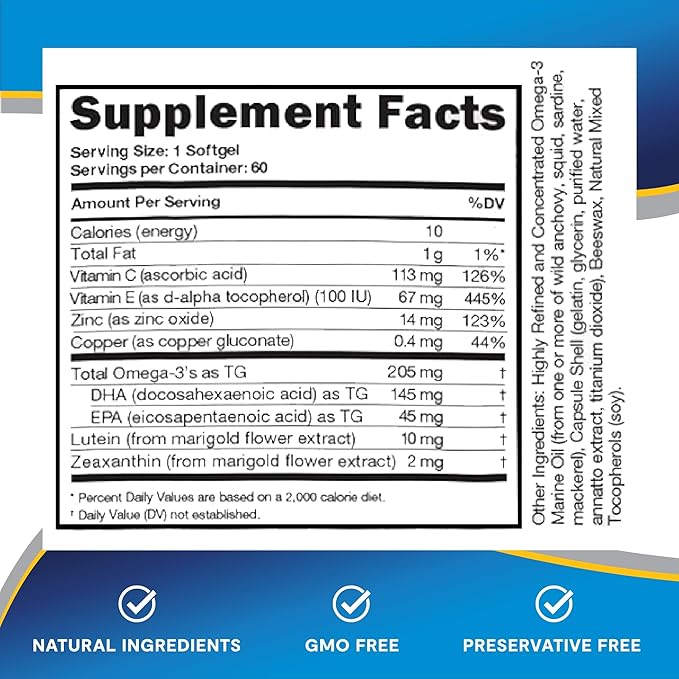 Eye Vitamin and Mineral Supplement with Zinc Vitamins C &amp E Omega 3 Lutein &amp Zeaxanthin - 60 Count