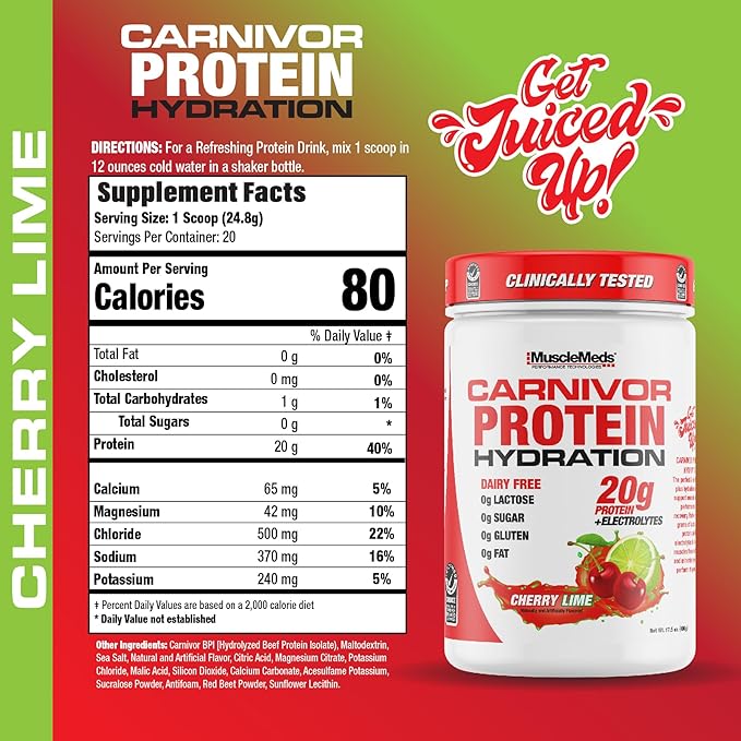 MuscleMeds Carnivor Protein Hydration Drink Powder 20g Refreshing Protein Isolate Lactose Free Sugar Free Electrolytes Muscle Building Recovery Halal Certified Cherry Lime 20 Serve