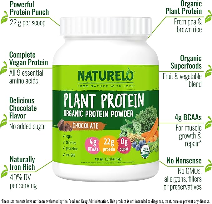 NATURELO Plant Protein Powder Chocolate 22g Protein - Non-GMO Vegan No Gluten Dairy or Soy - No Artificial Flavors Synthetic Coloring Preservatives or Additives - 20 Servings