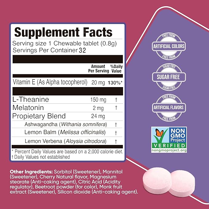 Natural Sleep Aid with Melatonin Ashwagandha Lemon Balm &amp L-Theanine – Cherry 32 Chewable Tablets + BlackBerry 32 Chewable Tablets