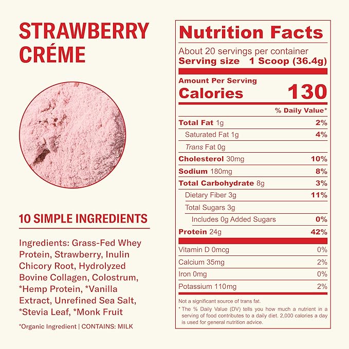 Ballerina Farm Grass Fed Whey Protein Powder Strawberry Crème 24g Protein with Collagen Peptides Bovine Colostrum Hemp Hearts Prebiotic Fiber No Added Sugar or Artificial Ingredients 20 Servings