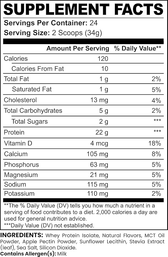 100% Whey Protein Isolate Vanilla 22g Protein MCT Oil Digestive Support Non-GMO Lab Tested Muscle Recovery Shake