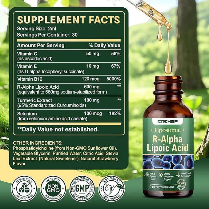 2PCS R Alpha Lipoic Acid Liquid Drops 600mg – ALA Supplement Nerve Savior for Neuropathy for Nerve Energy &amp Metabolism Support - Extra Strength with Turmeric Selenium C E &amp B12 Strawberry