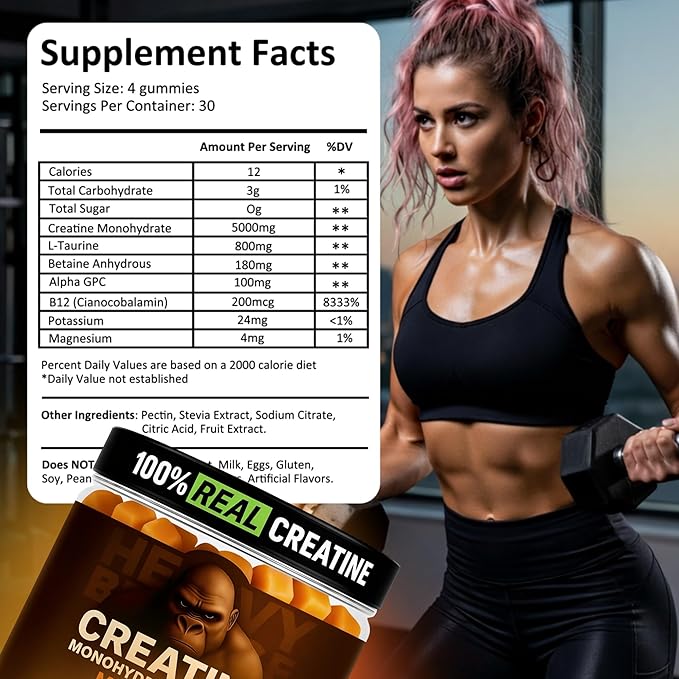 Creatine Monohydrate Gummies 5g Sugar Free Creatine with Vitamin B12 and L-Taurine | Muscle Growth for Men and Women | Low Calorie Formula 120 Gummies for 30 Servings Mango
