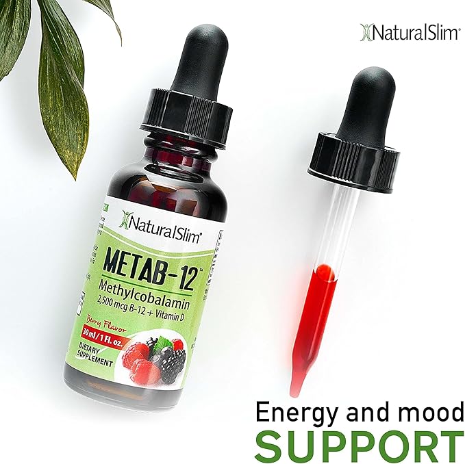 NaturalSlim Liquid B12 Vitamins with Vitamin D - Metab-12 Methylcobalamin 2500 mcg B12 Sublingual Drops for Metabolism Energy &amp Immune Support - Berry Flavor 1 fl oz