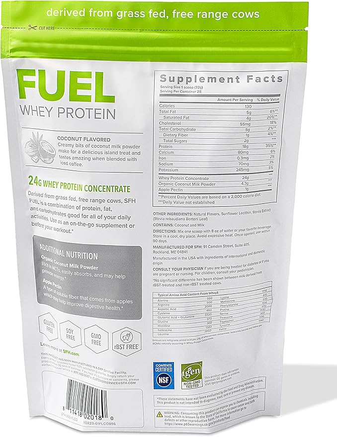 SFH Fuel Whey Protein Powder Great Tasting Grass Fed Whey | MCTs &amp Fiber for Energy | All Natural | Soy Free Gluten Free No RBST No Artificial Flavors (Coconut (2lb Bag))