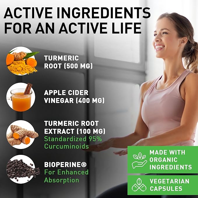 120 Capsules of USDA Organic Turmeric Root Powder USDA Organic Ginger Powder and Apple Cider Vinegar Powder with Curcumin (95% Curcuminoids) and Bioperine 1410 mg per Serving in Veggie Capsules