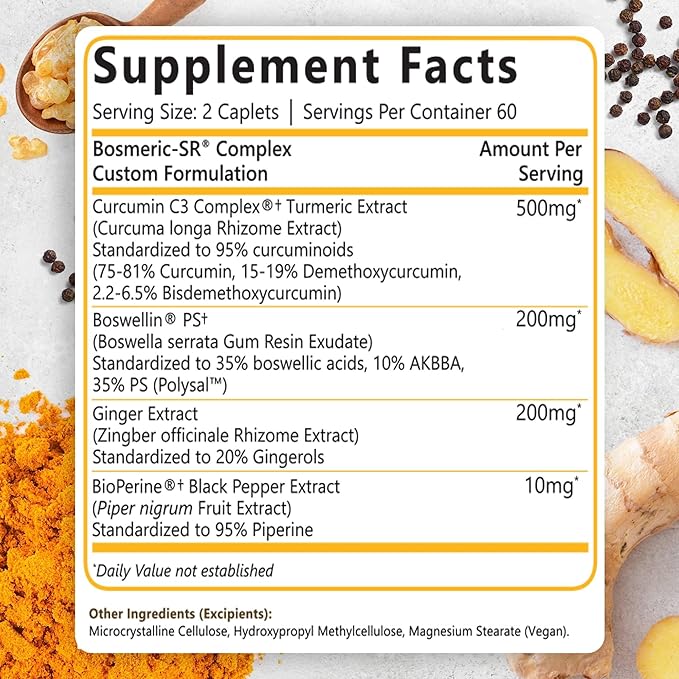 Joint Immune Support Supplement Patented Blend Turmeric Curcumin C3 Complex with Black Pepper Boswellia PS Extract &amp Ginger Fast-Acting 20 minutes 8-Hour Sustained Release 120 Caplets - Sanje