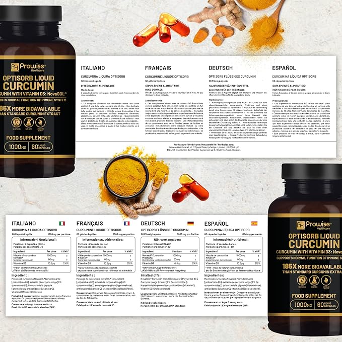 Optisorb Liquid Curcumin with Vitamin D - 60 Liqcaps | 185x Turmeric &amp Curcumin Bioavailability - Ultra Bioavailable | Liquid Capsules with 1000mg NovaSOL Daily Dosage - UK Manufactured