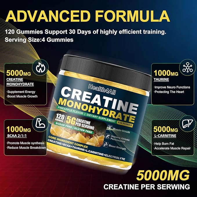 Health4All Creatine Monohydrate Gummies 5g for Men &amp Women Creatine Gummy for Strength Energy &amp Muscle Growth Support Pre-Workout Supplement - Pineapple 120 Gummy