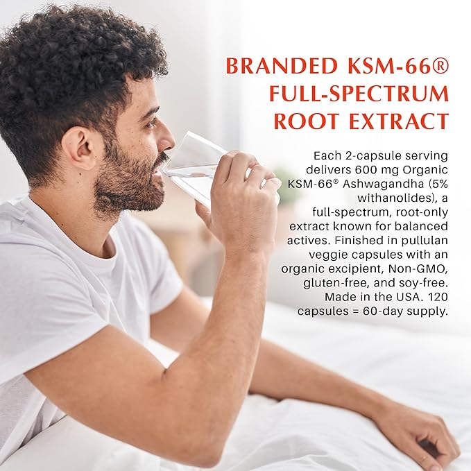 KSM-66 Ashwagandha 600mg Extra Strength Formula - Stress Relief Supplement for Sleep Support &amp Mood Support - Organic Full Spectrum 5% Withanolides - 120 Capsules