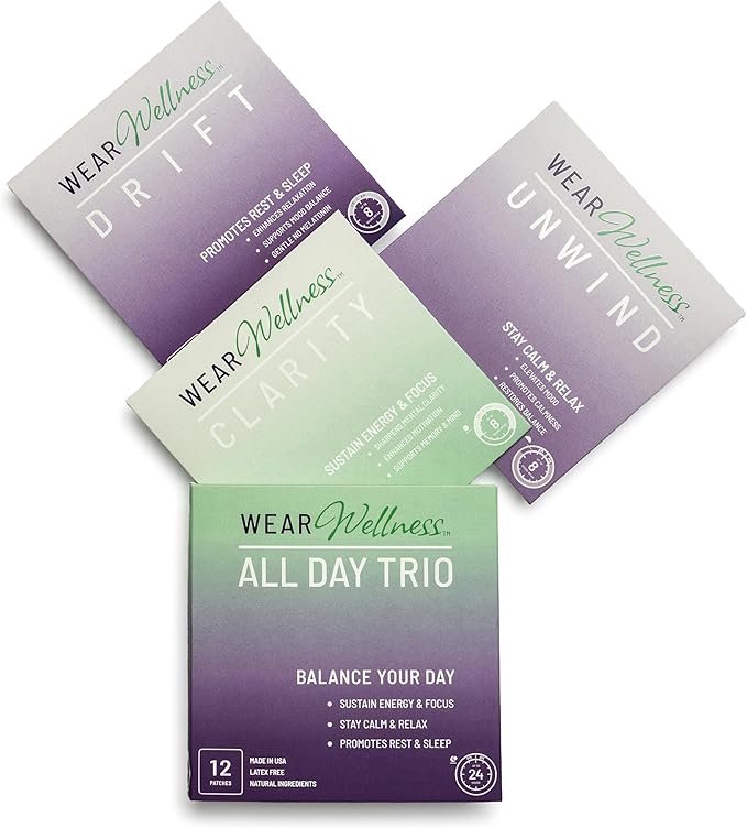 All Day Trio - Unwind Drift &amp Clarity Film Patches - Topical Patches for Calm Focus &amp Sleep Support - Long-Lasting Effect – 12 Pack