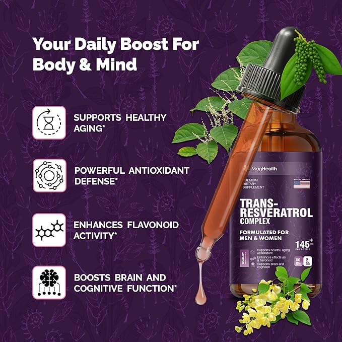 Trans-Resveratrol with PQQ Quercetin &amp Black Pepper Tincture | 3rd Party Tested | Cellular Energy &amp Heart Health Support | Sourced from Japanese Knotweed - 2 oz (60 Servings)