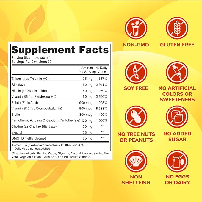 Super B Complex Liquid Vitamin Supplement | 500mg B12 and 50mg B6 | 32oz. | Liquid B-Complex Vitamins Boost Energy Aid Stress Response | Effective Natural Products