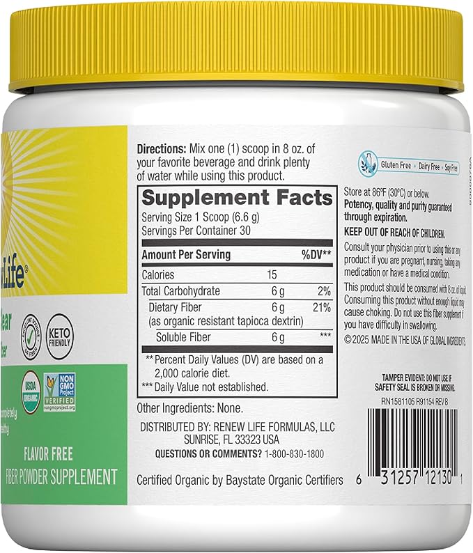 Renew Life Adult Completely Clear Organic Prebiotic Keto Friendly Fiber Powder 7 oz. (Package May Vary)