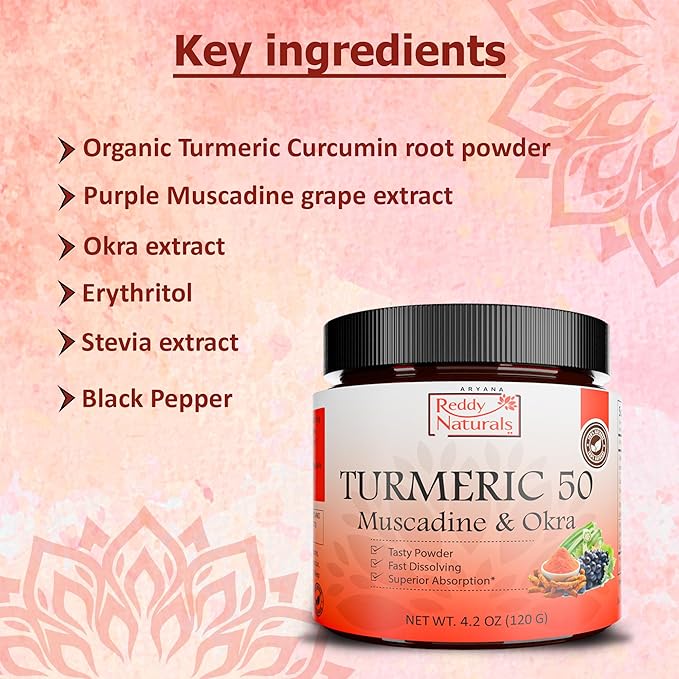 Reddy Naturals Aryana Turmeric 50 – Organic Turmeric Supplement Powder with Muscadine Grape &amp Okra – Fast-Dissolving Plant-Based Formula for Daily Wellness – 30 Servings