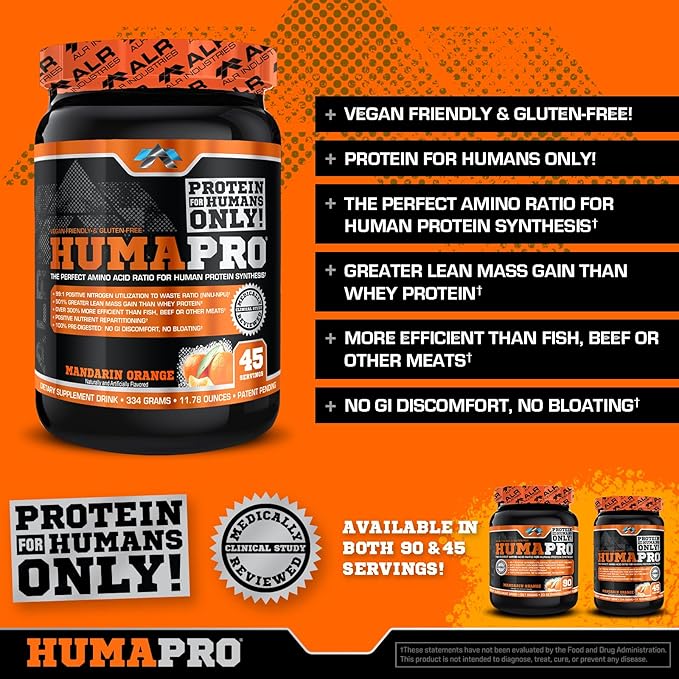 Humapro | Amino Acids Protein Matrix for Humans | 99% Utilization for Lean Muscle | Vegan Gluten Free | 334g / 45 Servings (Mandarin Orange)
