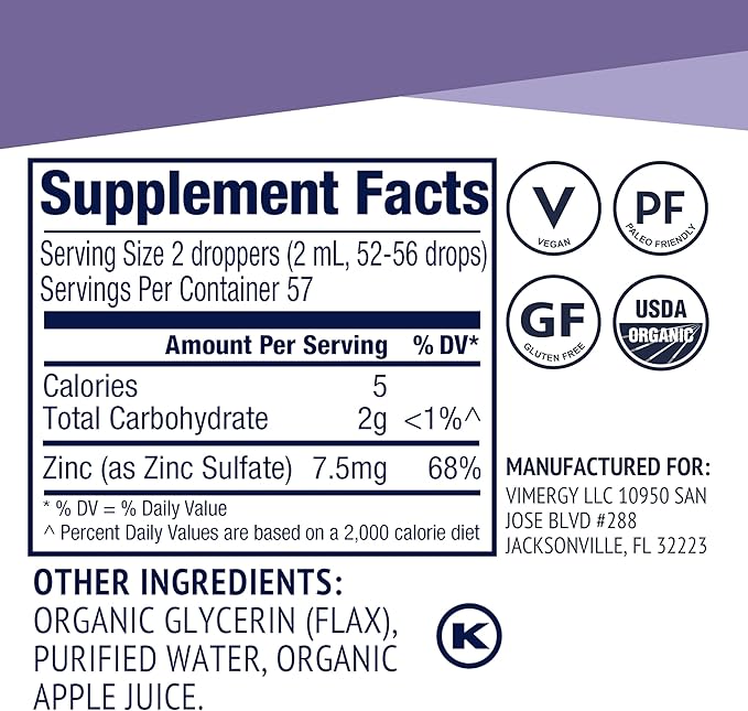 VIMERGY USDA Organic Zinc Supplements for Women &amp Men (7.5mg Liquid Zinc Per Serving) Fast-Absorbing Immune Support Promotes Healthy Bones &amp Skin Vegan Up to 57 Servings (115 mL)