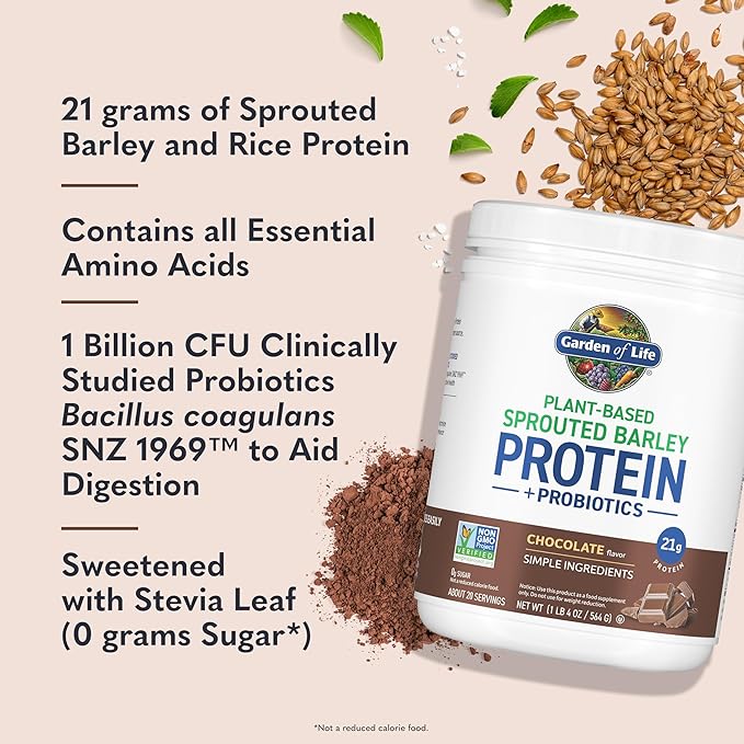 Garden of Life Plant-Based Sprouted Barley Protein Chocolate with 21g Protein 0g Sugar &amp Clean Ingredients Upcycled Barley Probiotics Non-GMO use in Shakes Smoothies &amp Baking 20 Servin