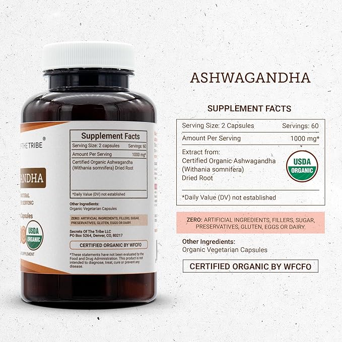 Secrets of the Tribe Ashwagandha USDA Organic Capsules | Certified Organic Vegetarian Capsules Herbal Dietary Supplement | Withania somnifera Dried Root (120 Count)
