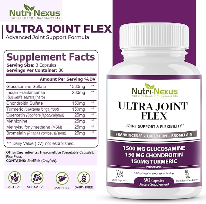 Joint Support Supplement with Glucosamine Chondroitin MSM Turmeric Boswellia - for Men and Women - Promotes Mobility Flexibility and Comfort - Made in USA - 90 Capsules