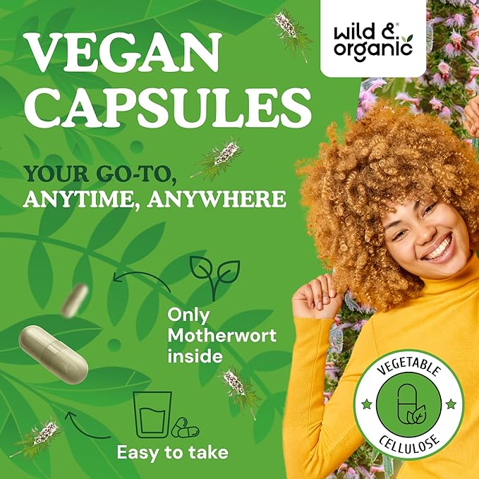 Wild &amp Organic Motherwort Capsules 1000 mg - Calmness &amp Women's Support - Natural Motherwort Supplement - 90 Days of Supply - 180 Vegan Herb Capsules - Non-GMO Gluten-Free No Additives