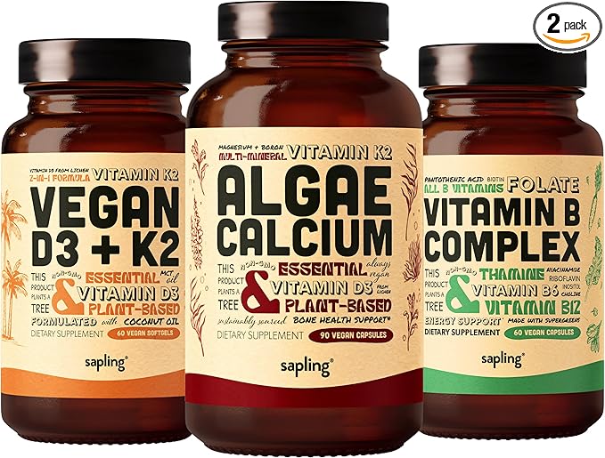 Algae Calcium &amp Vegan D3 + K2 &amp Vitamin B Complex Bundle - Calcium Supplement from Red Algae 4000 IU Vitamin D3 and 100mcg Vitamin K2 Essential B Vitamins