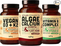 Algae Calcium &amp Vegan D3 + K2 &amp Vitamin B Complex Bundle - Calcium Supplement from Red Algae 4000 IU Vitamin D3 and 100mcg Vitamin K2 Essential B Vitamins