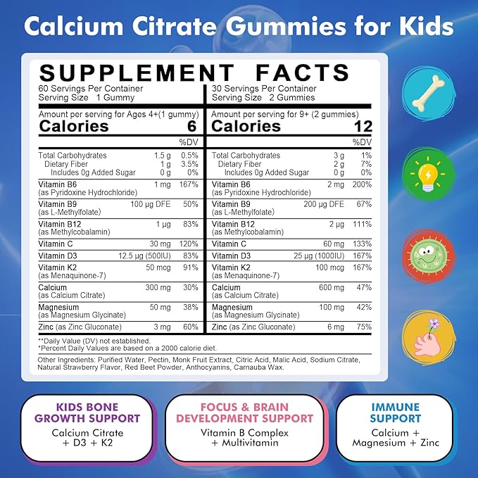 Kids Calcium Citrate Gummies with Vitamin D3 Supplement Calcium Citrate 300/600 mg with Magnesium Zinc &amp Multivitamin for Kids 4+ &amp Teens Support Bone Muscle &amp Digestive Health Sugar Fr