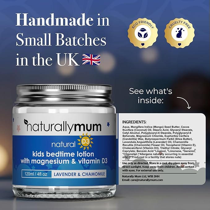 NaturallyMum Kids Magnesium Bedtime Lotion with Vitamin D | Support for Sleep Heart Bone Nerve Gut and Muscle Health | Alternative to Melatonin | Lavender &amp Chamomile 4.2 fl oz