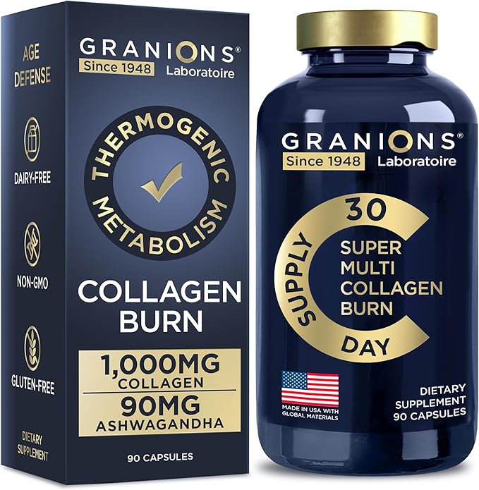 Granions Thermogenic Hydrolyzed Collagen Burn - Hyaluronic Acid Vitamin C - Cellulite Defense and Dermal Repair Multi Collagen Peptides Capsules for Women and Men - 90 Pills