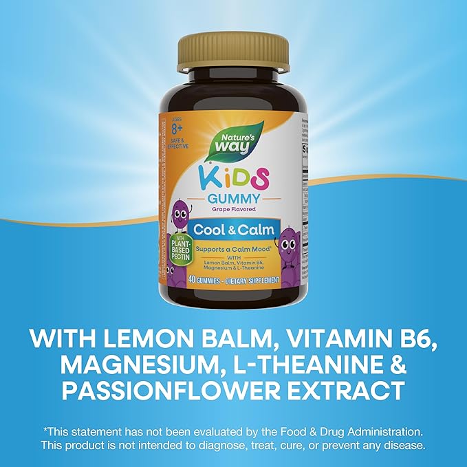 Nature's Way Kids Cool &amp Calm GummiesSupports a Calm Mood in Kids Ages 8+*Lemon BalmMagnesiumVitamin B6L-TheanineGrape FlavoredVegetarian(Packaging May Vary)40 Count (Pack of 2)
