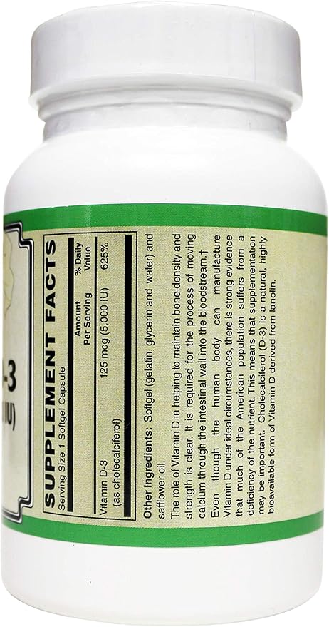 Vitamin D-3 125 mcg (5000 IU) from Lanolin in a Base of Safflower Oil - 250 Soft Gels