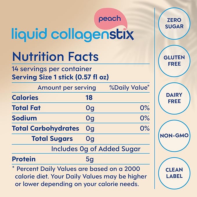 Hydrolyzed Liquid Collagen Peptides for Women &amp Men - Grass-Fed Bovine Protein Supplement for Hair Growth Skin and Nails (Pack of 14 Peach)