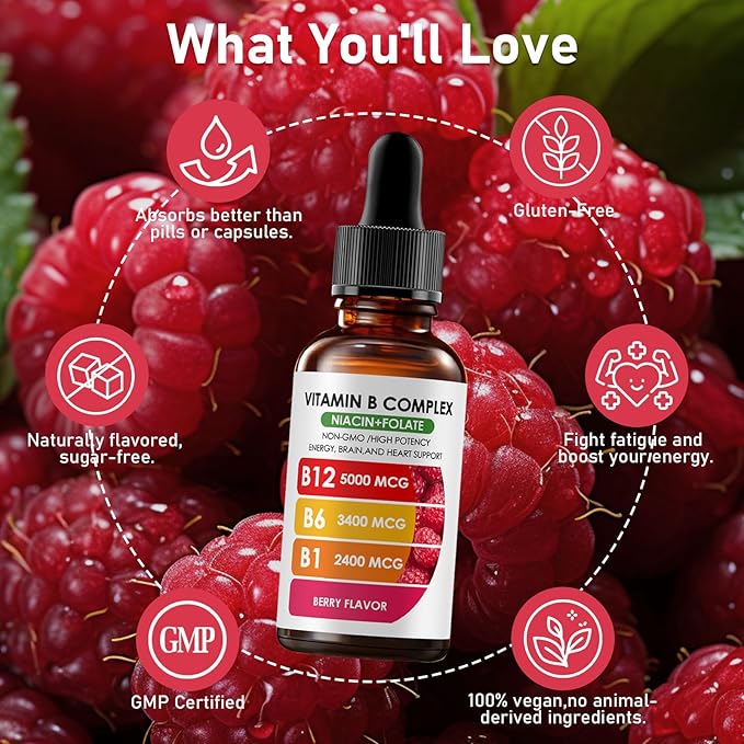 Vitamin B12 Complex with B1 B6 Vitamin B12 Raspberry Liquid Supplement Essential Vitamin 5-in-1 Vitamin B Complex Liquid Drops Brain Function Focus and Natural Energy Support (2PCS)