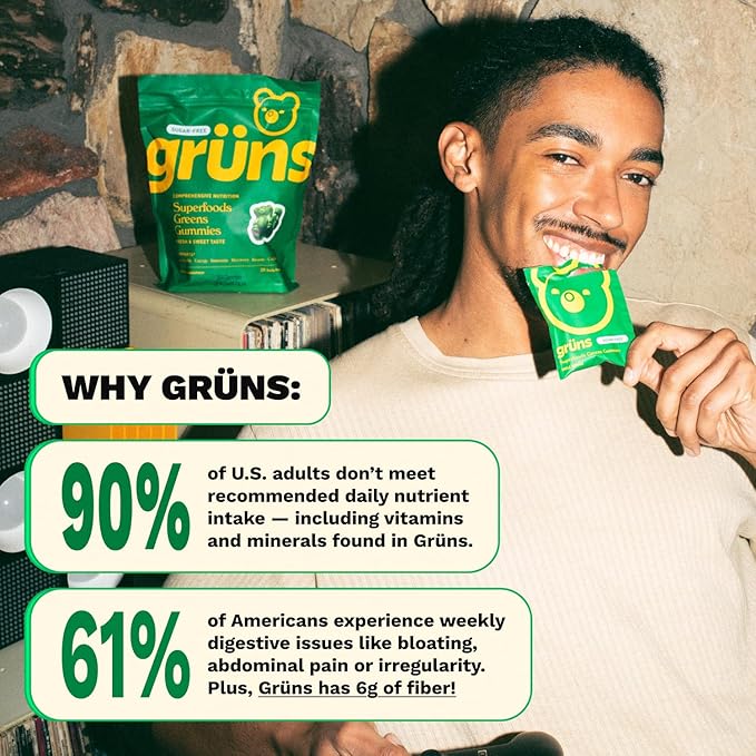 Gruns Adult Super Greens Multivitamin Gummies Superfood Gummy Vitamins for Women and Men with Spirulina Chlorella Adaptogens &amp Prebiotic Fiber for Digestive Health (28 Count) (Pack of 2)