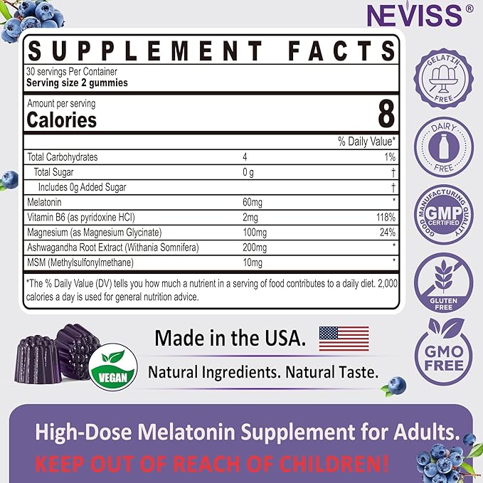 NEVISS 1Pack Antioxidant &amp Brain Support Melatonin 60mg Gummies with 2Pack L Methylfolate &amp Methyl B12 Gummies for Methylation Fucus Mood Energy