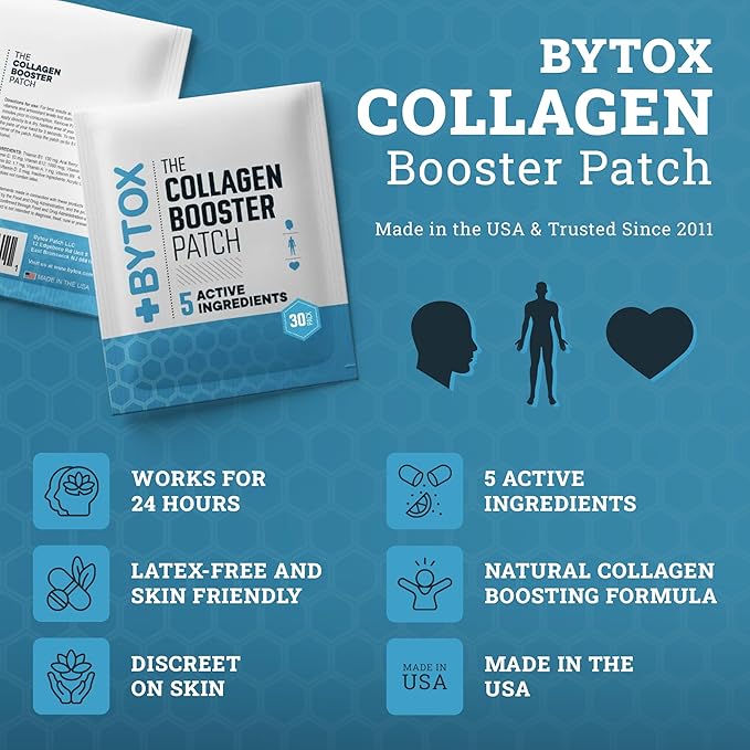 Bytox Collagen Patches for Women &amp Men | 5 Active Ingredients to Support Firmer Smoother &amp Hydrated-Looking Skin | Lactose Gluten Sugar &amp Latex-Free | Made in the USA (Pack of 30)