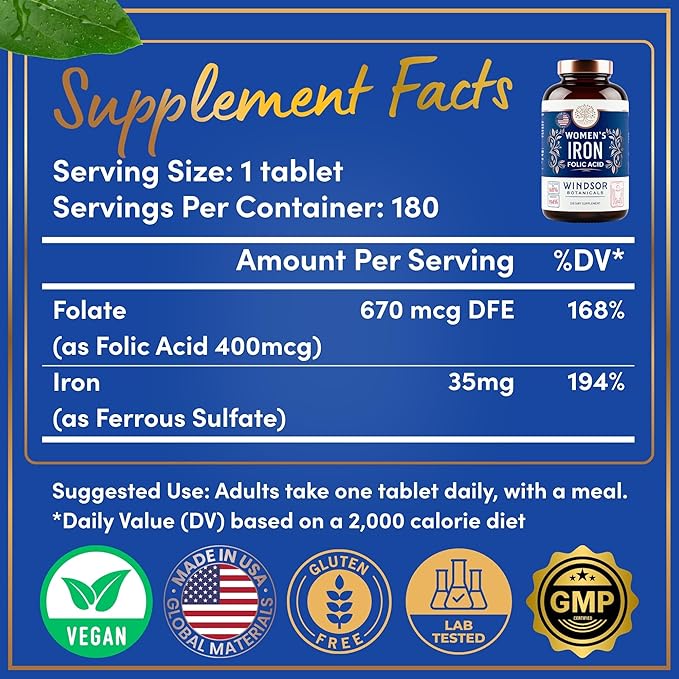 Iron and Folic Acid Supplements for Women - 35mg Gentle Iron Vitamin Folic Acid 400mcg - Anemia Period Pregnancy Support Supplement Ferrous Sulfate Pills - 180 Vegan Non-Constipating Tablets