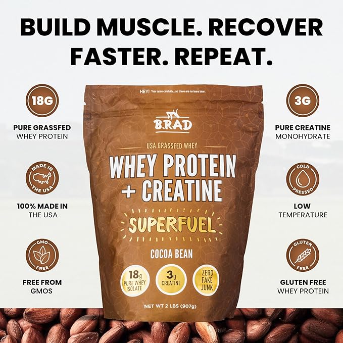 B.rad Superfuel - Grass Fed Whey Protein Isolate Boosted with Creatine | Farm-Fresh Easy-to-Digest Clean Ingredients | 2 Pounds | 100% USA Sourced | Cocoa Bean (Chocolate)