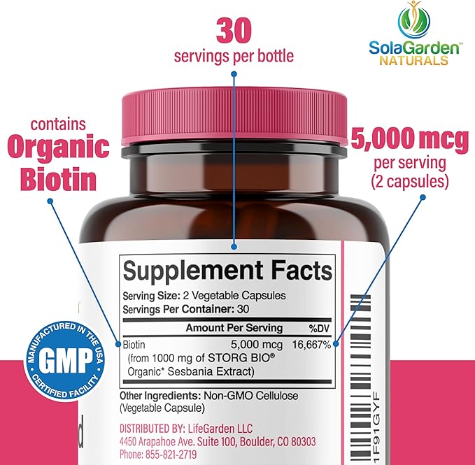 Whole Food Biotin Supplement - Contains Certified Organic Plant Based Biotin from Sesbania Agati Trees - by SolaGarden Naturals. May Support Hair Skin and Nails. 60 Non GMO Veggie Capsules.