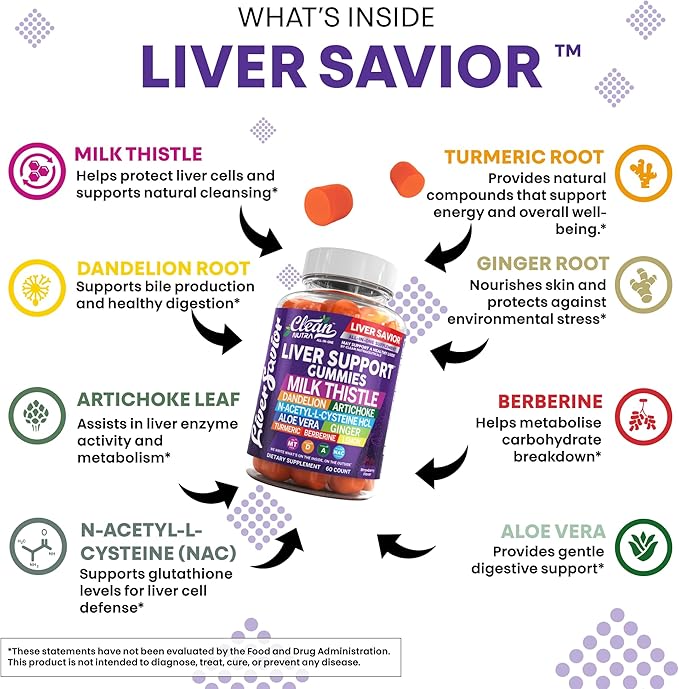 Clean Nutra Liver Cleanse Detox &amp Repair Gummies | Milk Thistle Gummy Liver Support Vitamins | Dandelion Artichoke Aloe Vera Ginger Berberine Lemon N-Acetyl-L-Cysteine Turmeric Supplement H