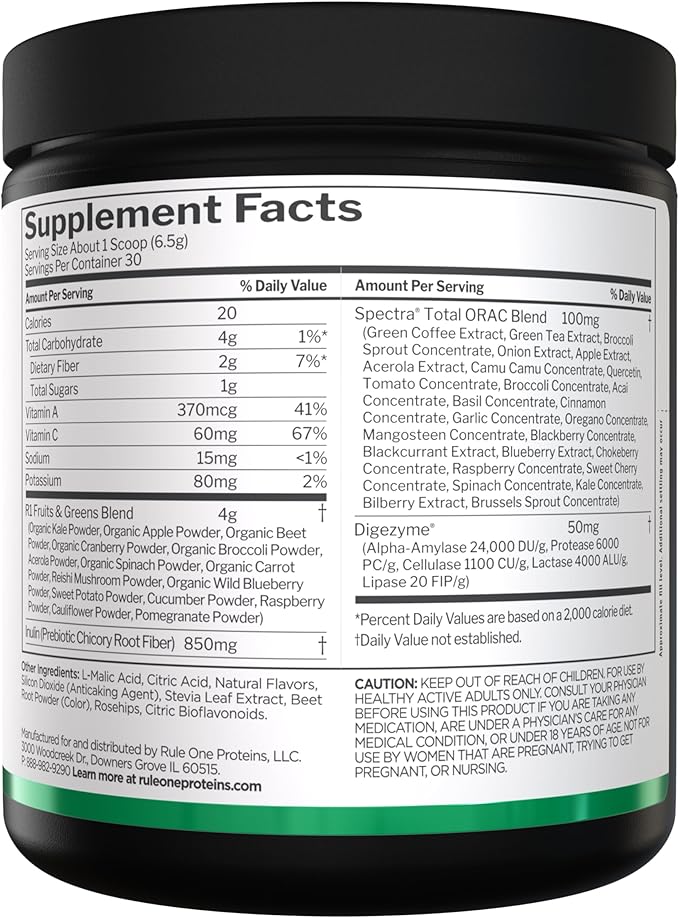 Rule 1 Proteins Fruits &amp Greens Powder - 40+ Active Ingredients Including 4g Fruit &amp Vegetable Concentrates + 2g Prebiotic Fiber for Daily Wellness (30 Servings Mixed Berry)