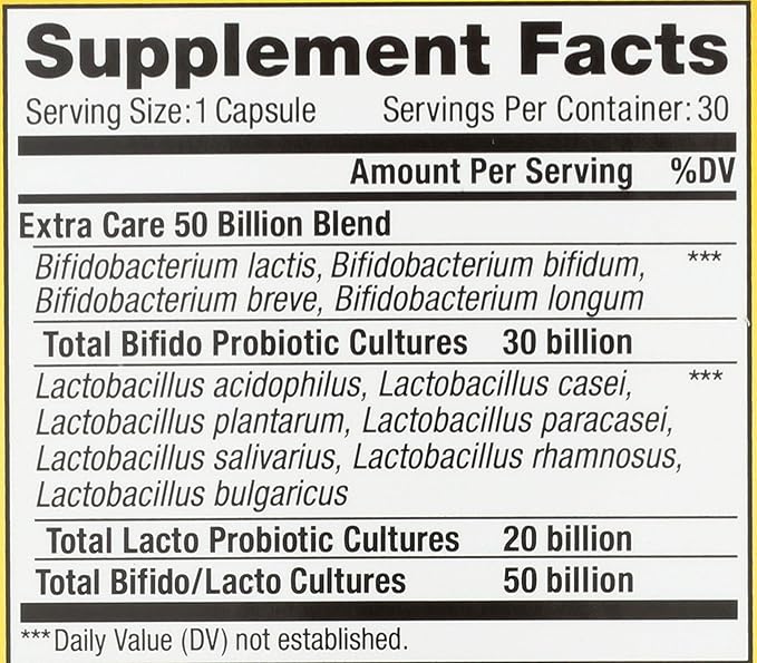 Renew Life Extra Care Digestive Probiotic Capsules 50 Billion CFU Guaranteed Daily Supplement Supports Immune Digestive Respiratory Health(1) L. Rhamnosus GG Dairy Soy and Gluten-Free 30 Count