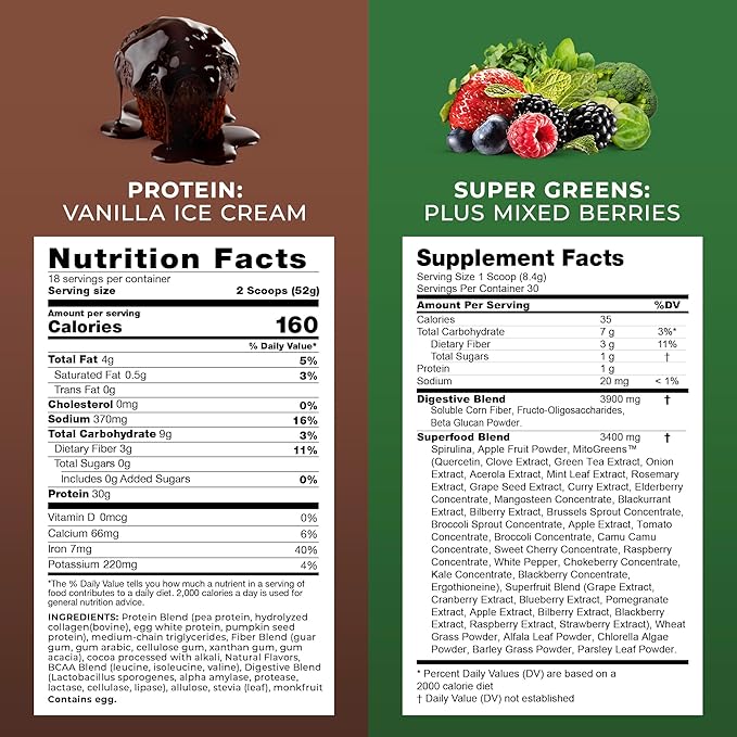 Transformation Chocolate Protein Powder Super Greens Superfood Green Juice Powder and Performance Insulated Shaker Bottle