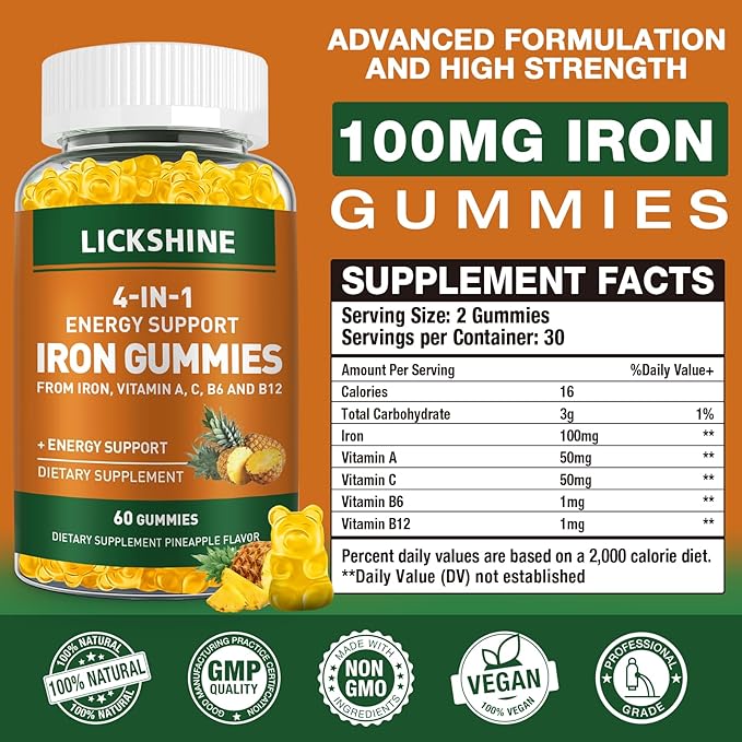 2 Pack Vegan 100MG Iron Supplement Gummies for Women &amp Men - with Vitamin C A B for Adults &amp Kids - Energy Support for Iron Deficiency Anemia - Pineapple Flavor (120 Ct)